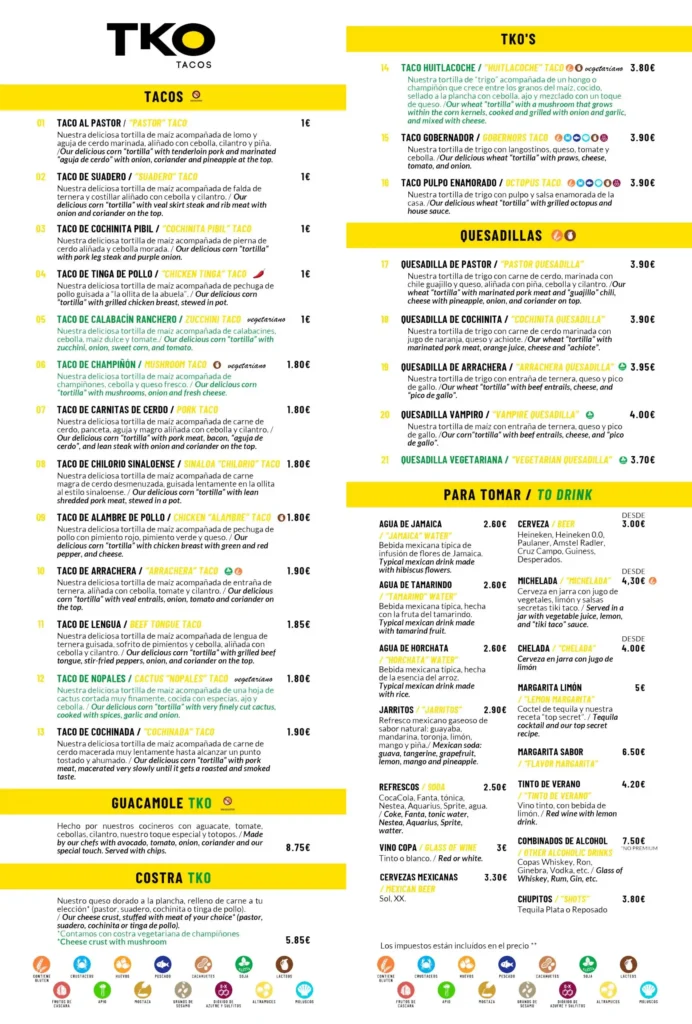 menu tko tacos